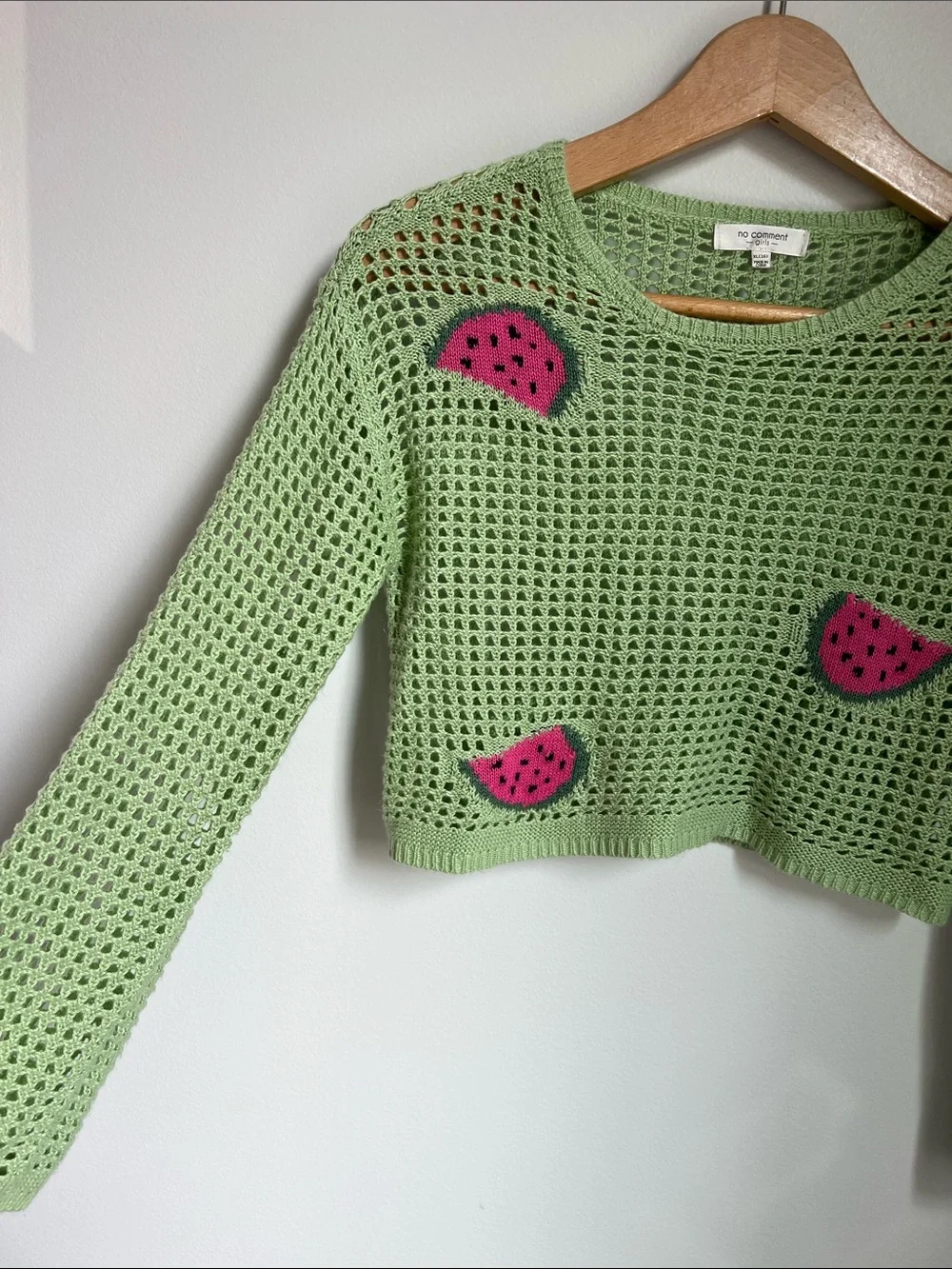 No Comment | Green Cropped Crochet Sweater Pink Watermelon Patches Size XL (16)
